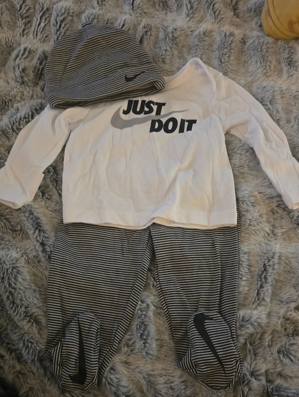 Nike White 'Just Do It' One-Piece with Gray Striped Hat & Pants